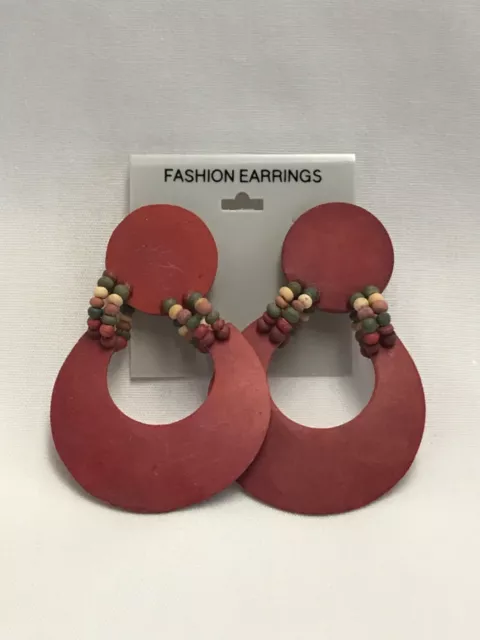 Vintage Red Wood Beaded Circle Earrings Boho Pierced Post 1970s-80s Statement