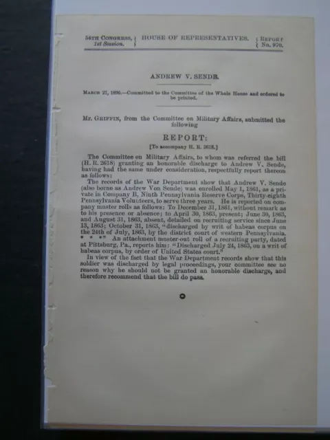 Gov Report 1896 Andrew V Sende Private Co B 9th PA Vol Civil War Discharged