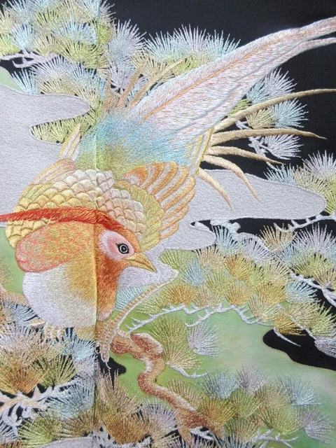 7885M1 Silk Vintage Japanese Kimono Tomesode Embroidery Birds Tall