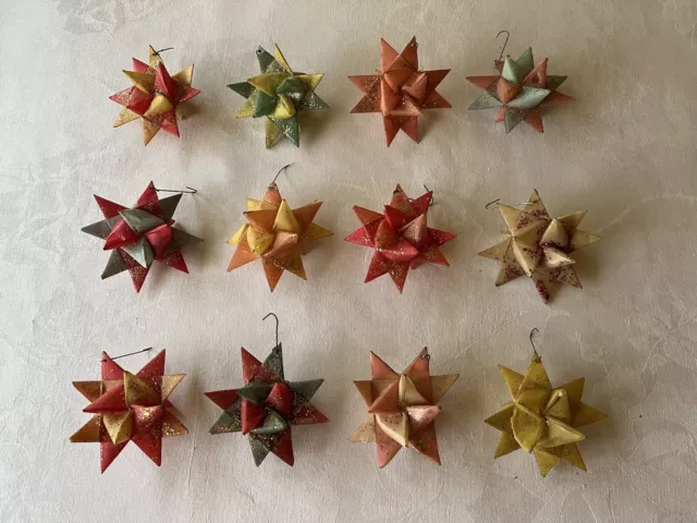 Vintage Lot set 6 Moravian Star Wax Paper Star Ornaments Glitter German  2-3.5 W