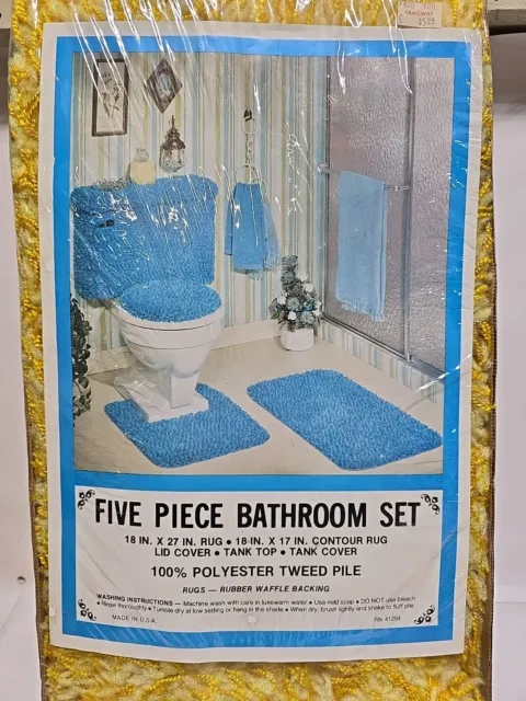 Conjunto de alfombras de contorno de 5 piezas de baño de la década de 1970 cubierta de baño pelusa amarilla
