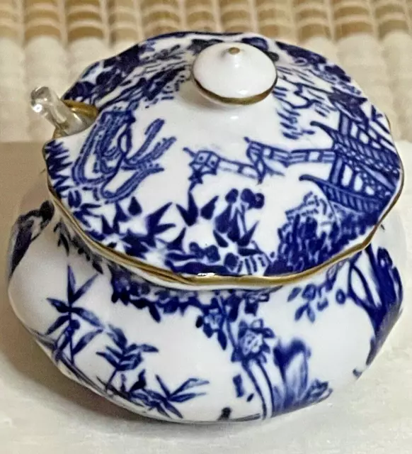 ROYAL CROWN DERBY BLUE MIKADO MUSTARD JAR WITH LID & Tiny Scalloped Spoon2 3/8”