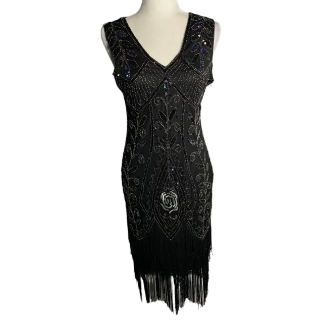 Retro Beaded Sequin Midi Dress Womens M Black Sleeveless Fringed Flapper Gatsby