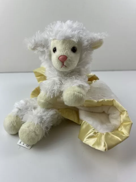 Aurora Baby White Lamb Sheep Lovey Plush Security Blanket Yellow Satin Trim