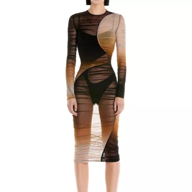 Mugler Dégradé Long Sleeve Sheer Mesh Body-Con Dress