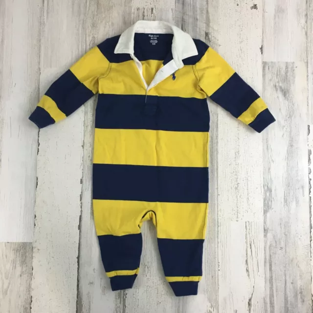 Ralph Lauren Baby Boys Sz 9 M Blue Yellow One Piece Longall Romper Polo Rugby