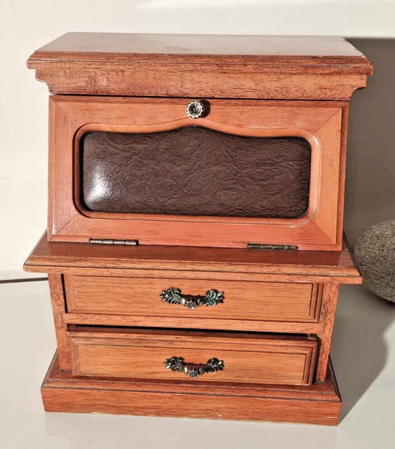 Mini Secrétaire Boîte à Bijoux En Bois Et Cuir Vintage - Pièce Rare