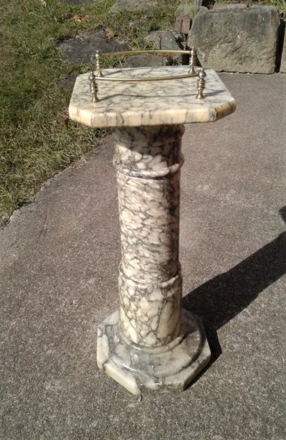Antique Neoclassical White Marble Pedestal Plant Stand w Top Brass Gallery