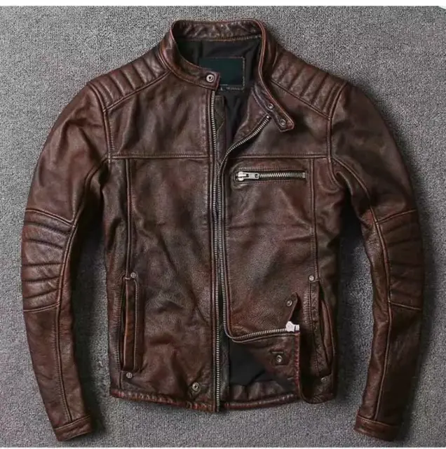 Mens Motorcycle Biker Vintage Cafe Racer Retro Brown Genuine Real Leather Jacket