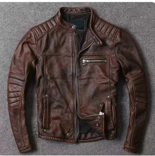 Mens Motorcycle Biker Vintage Cafe Racer Retro Brown Genuine Real Leather Jacket