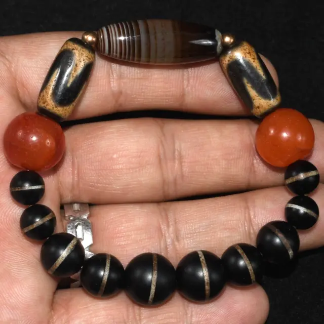 Ancient Agate Stone Dzi Bead Bracelet With Carnelian & Etched single line beads