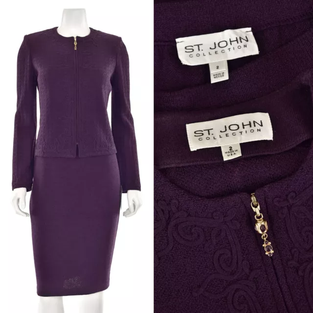 St. John Collection 2Pc Textured Jacket & Skirt Suit in Dark Purple sz 2