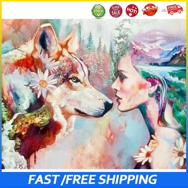 Pintura de niña y lobo por números hágalo usted mismo acrílico sin marco imagen sobre lienzo (C)