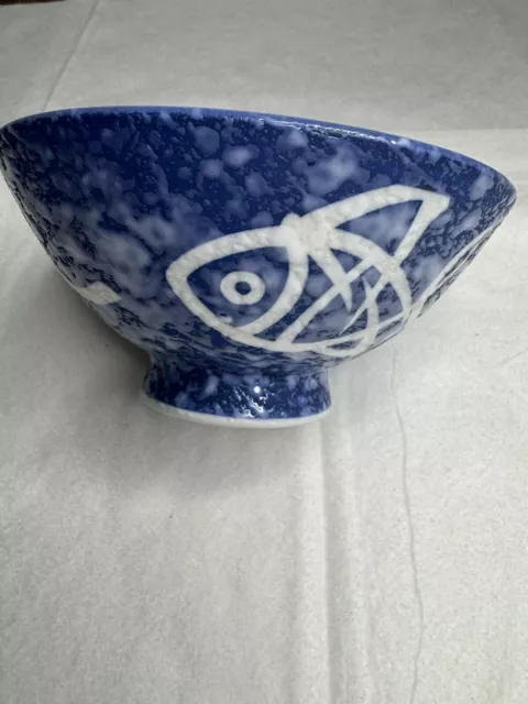 Set of 2 Japanese Asian Rice/Soup Bowls, Blue/White with Fish Motif - MINT