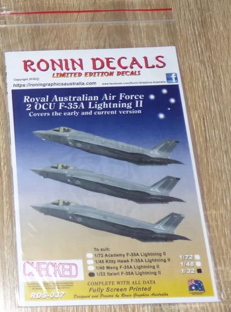 Ronin Decals 1/32 scale decals for RAAF F-35A model kit 2OCU