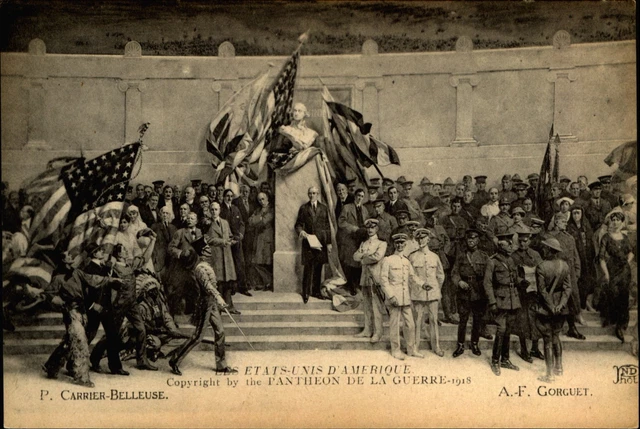 Les Etats Unis d'Amerique~patriotic end of WWI 1918 military Indian cowboy flags