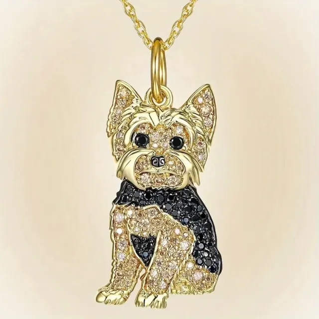 Schöner goldener Yorkshire Terrier Anhänger mit Strass an passender Halskette
