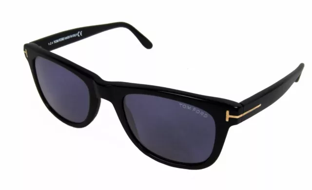 Tom Ford Leo Square Sunglasses Black with Gold Accent Blue Solid Lenses 52 mm