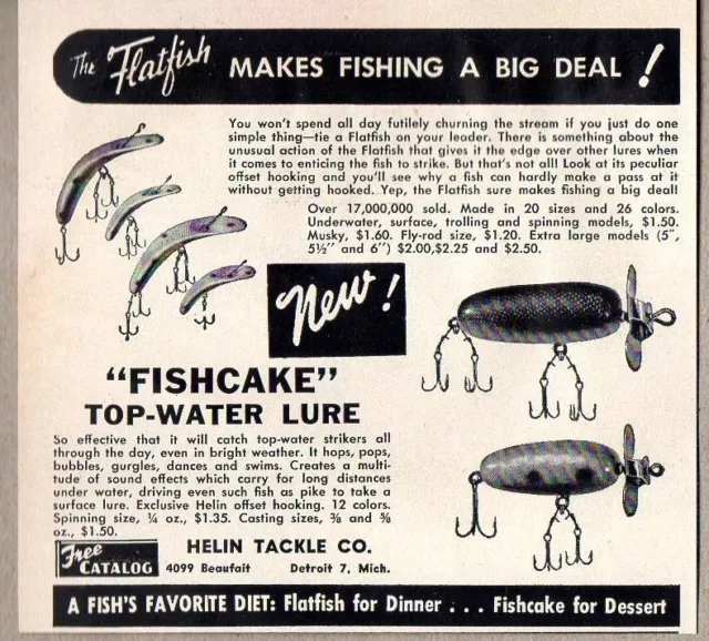 1956 PRINT AD Flatfish Fishing Lures & Fishcake Top Water Lure Detroit,MI  £8.50 - PicClick UK