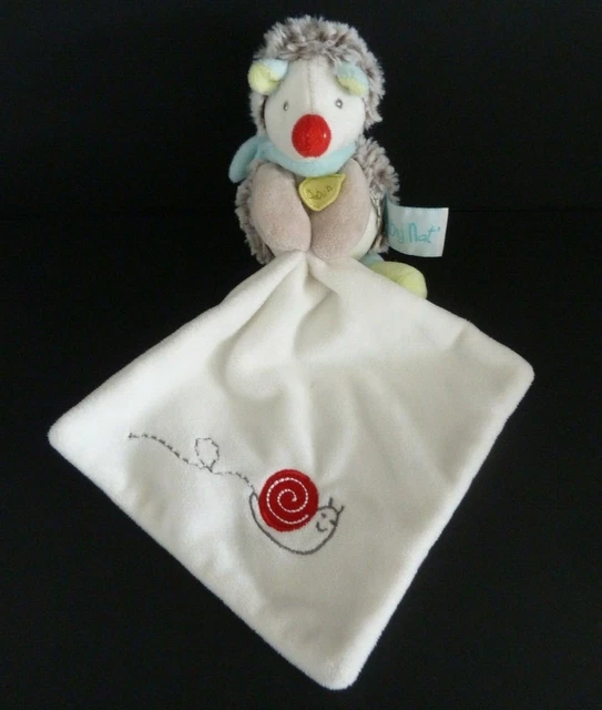 38. DOUDOU BABY NAT' HERISSON BLEU VERT MOUCHOIR BLANC ESCARGOT 17cm EXCEL ETAT