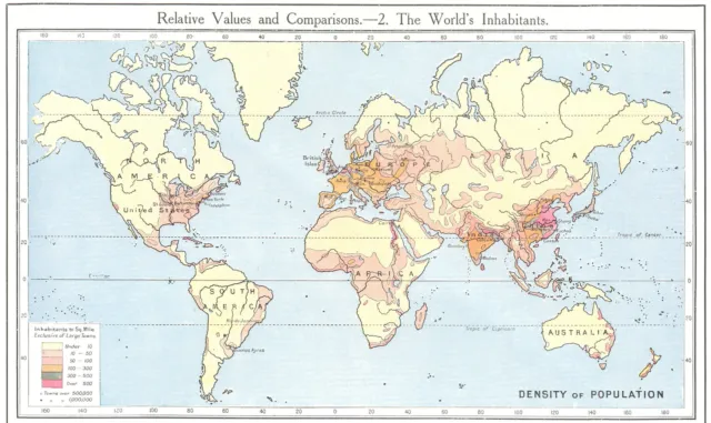 WORLD. Population density. The World's Inhabitants 1907 old antique map chart