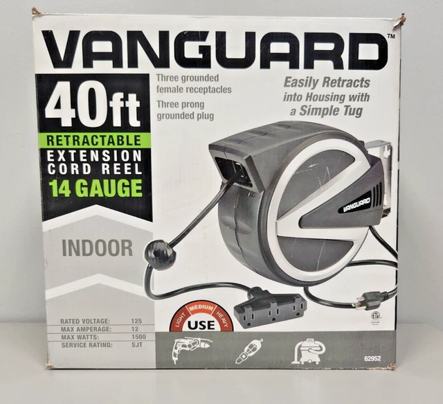 VANGUARD RETRACTABLE EXTENSION Cord Reel with Triple Plug, 40 ft. x 14/