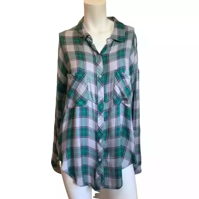 The Laundry Room Blue Green Plaid Long Sleeve Shirt Split Back sz M NWOT