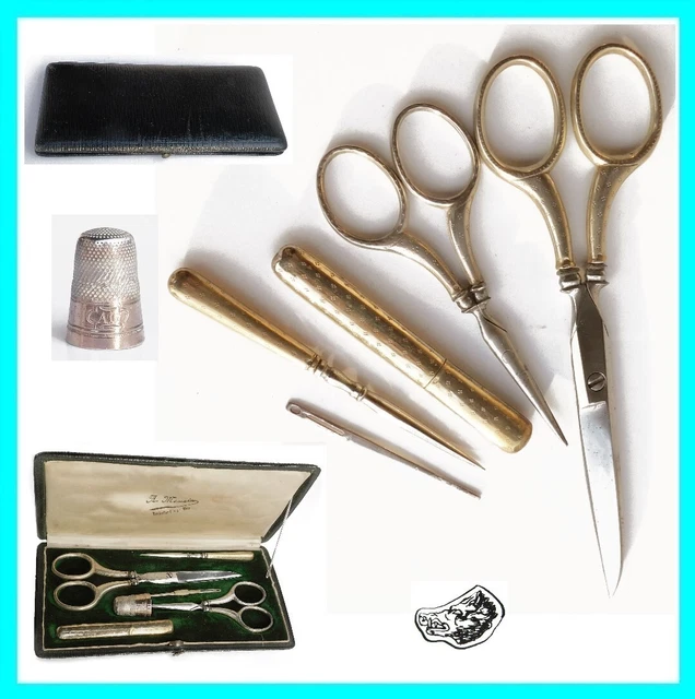 Ancien nécessaire set de couture ARGENT Ciseaux brodeuse lingère à Coudre écrin