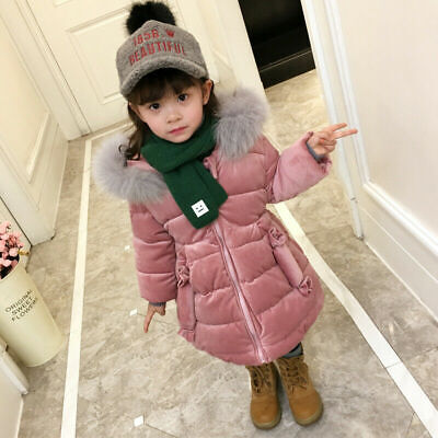 Girls Puffer Long Fur Hooded Baby Kids Parka Cute Warm Padded Coat Winter Jacket