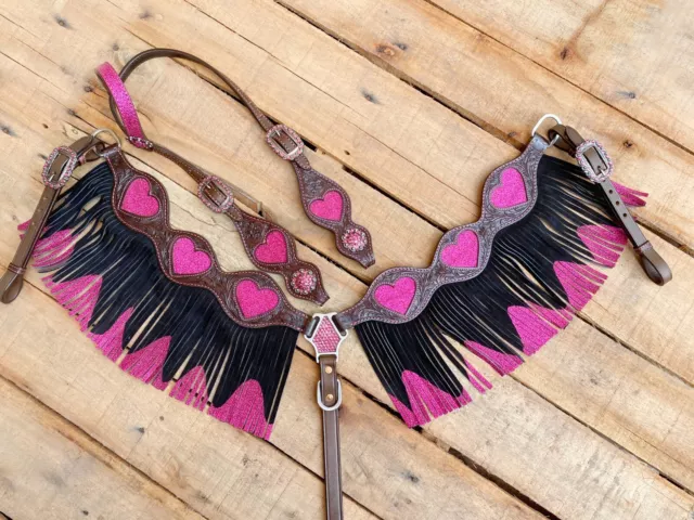 Pink Western Leather Headstall and Breast Collar Set for Horse with Heart Cut