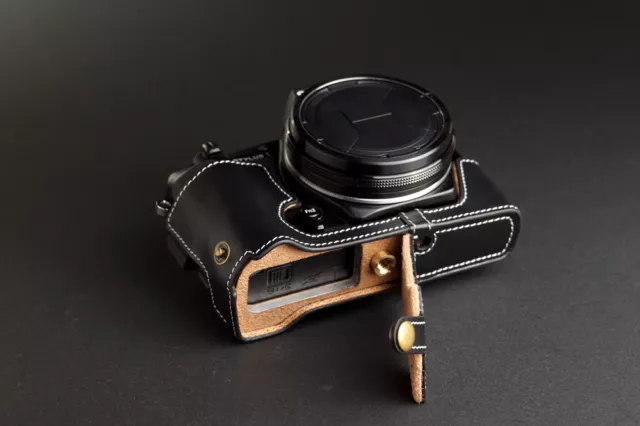 Genuine real Leather Half Camera Case bag for Olympus STYLUS 1 Bottom Open Black