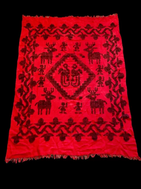Vintage Folk Art Fringe Wool Blanket Aztec Southwestern Red Deer People 59”X82”