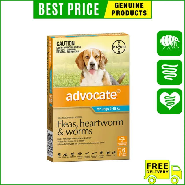 ADVOCATE HeartWorm Flea Worm Treatment AQUA Pack for Dogs 6 Pipettes 4 to 10 Kg