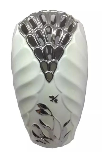 Dekovase Vase Blumenvase 30 cm Hoch Deko Modern Design Keramik Weiß Silber