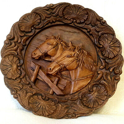 Carved Wooden Round Plate Horses Panel Brown Wall Hanging Desk Decor Germany