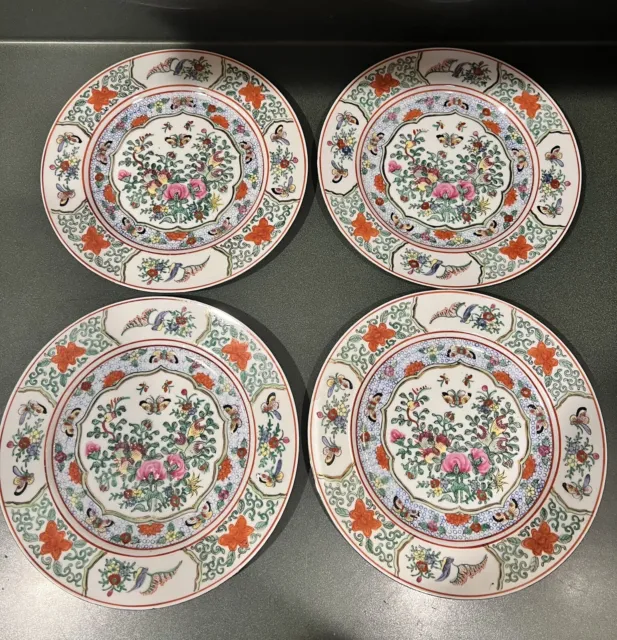 4 Vintage Chinese Rose Canton Dinner 10 1/4” Plates Butterflies Birds Flowers