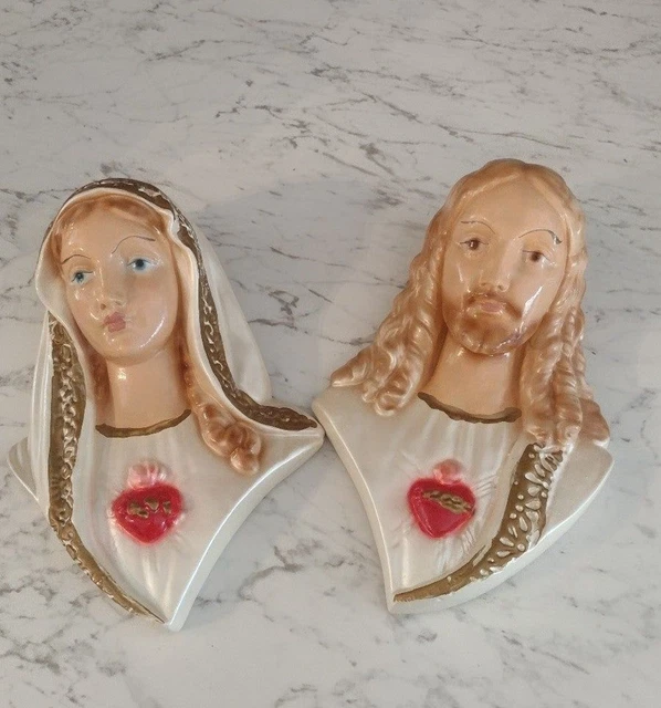 Vntg 1950s Chalkware Wall Plaques Sacred Heart JESUS VIRGIN MARY 10" Mid Century