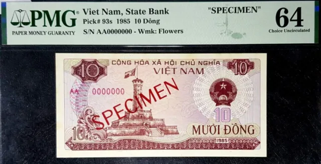 PMG 64 UNC 1985 VIETNAM STATE BANK 10 Dong "SPECIMEN" B/note(+FREE 1 note)#21432