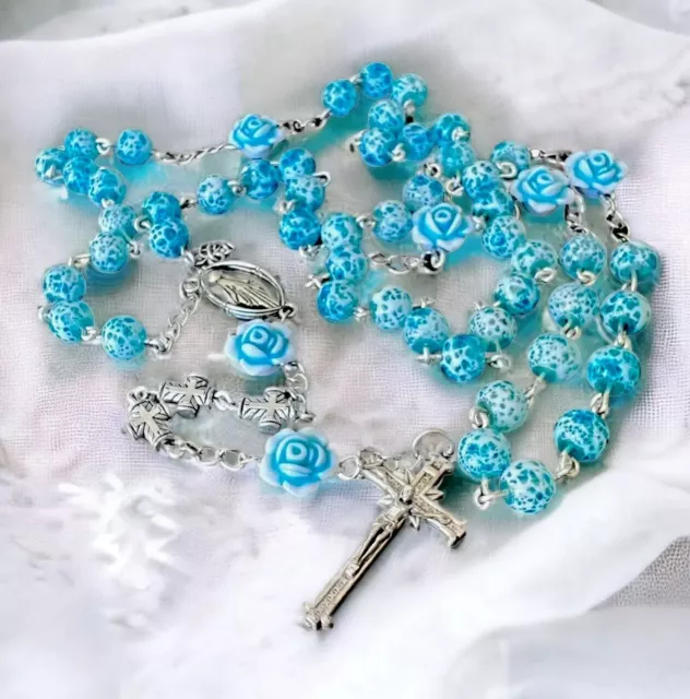 Vintage Catholic Rosary - Blue Carved Roses - Art Glass - Religious Collectible