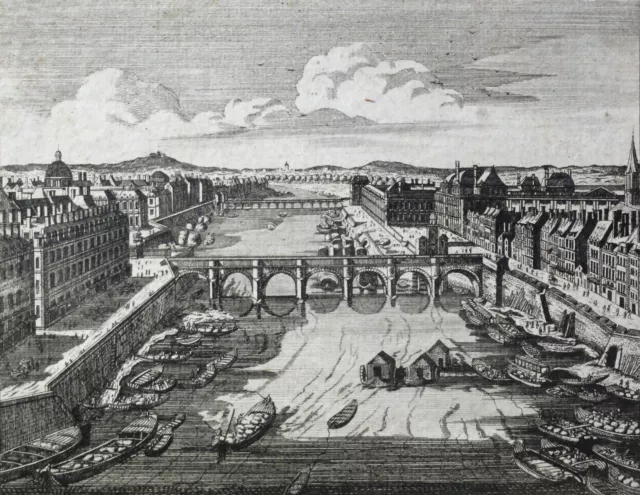 Martin CROPHIUS,1717-1765 Kupferstich~1750: D NEUE BRÜCKE v PARIS VOM LOUVRE AUS