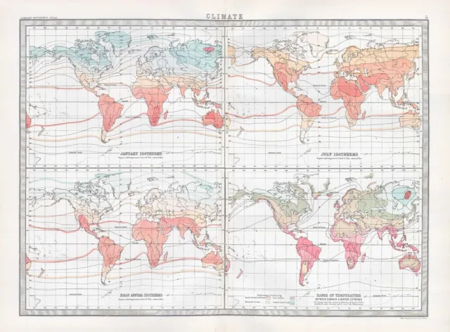 1912 Antique Map WORLD MAPS Isothermes Temperatures Climate  (BWM4-5)