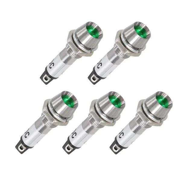 Pack of 5 Metal Shell Panel Mount Indicator Lights, 110V DC Green, 5/16 Inch (8m