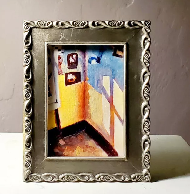 Original Oil Painting Yellow Blue Window Sunlight Home Abstract Colorful Framed