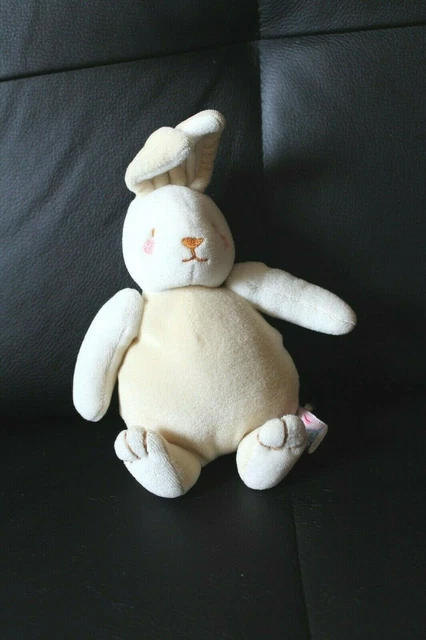 Doudou lapin blanc creme jaune SUCRE D'ORGE grelot brode joue rose 18 cm