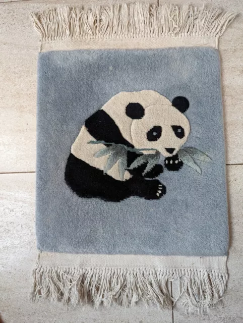 Vintage Hand Tufted Small Wall Hanging Rug With Panda Bear Eating Bamboo Carpet