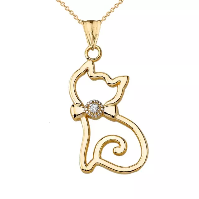 Solid 10k Yellow Gold Openwork Diamond  Cat Pendant Necklace