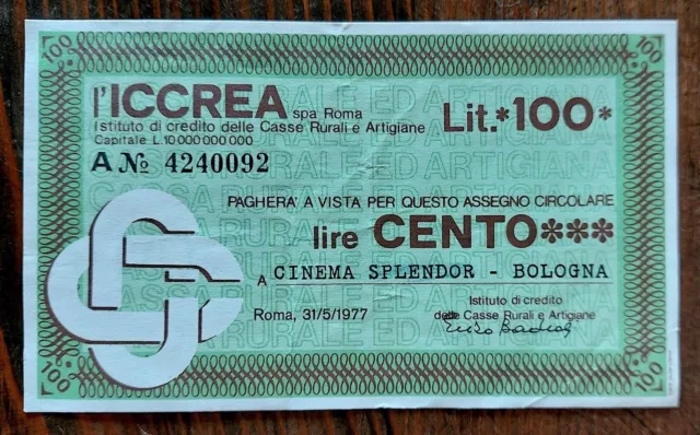 Mini Assegno Iccrea Roma 100 Lire Cento Miniassegno Cinema Bologna 1977