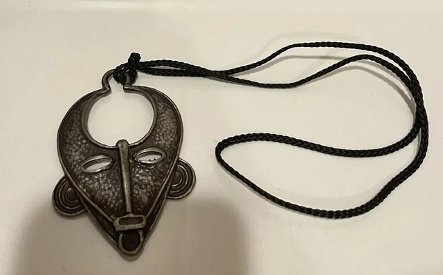 African Passport Mask Necklace Tribal Hammered Antiqued Bronze Tiki Ethnic
