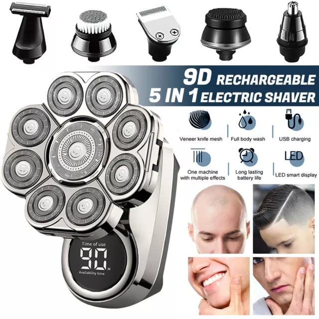 9D 6-in-1 Electric Shaver Cordless Trimmer Bald Head Razor Wet Dry Grooming Kit