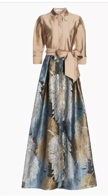 Teri Jon by Rickie Freeman Two-Tone Feather Jacquard Shirt Gown